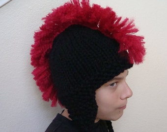 Black Mohawk Hat with Earflaps - Newborn Baby, Toddler, Child, Teen and Adult Mohawk Beanie