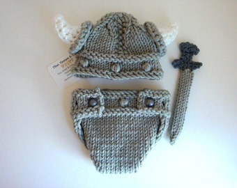 Viking Helmet Beanie Diaper Cover and Sword, Free Shipping, Knit Newborn Viking Photo Prop, Gladiator Spartan Beanie Outfit, Handmade