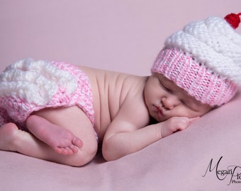 Cupcake Hat and Diaper Cover Set for Baby Girls, Photo Prop Cupcake Set, Newborn Baby Girl Photo Prop, Cupcake Beanie and Diaper Cover