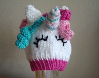 Unicorn Beanie, Pink and Turquoise Unicorn Hat, Knit Girl Beanie, Kid's Unicorn Beanie, Customize Colors