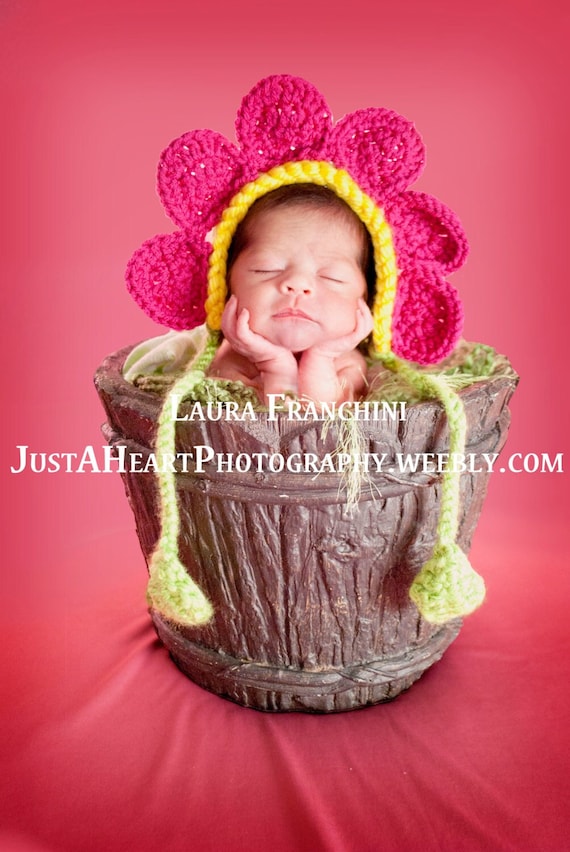 Flower Bonnet Hat - Newborn Photo Prop Hat, Crochet Daisy Hat, Baby Girl Photo Prop