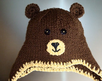 Brown Teddy Bear Hat With Earflaps and Braids All Sizes Newborn