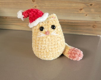Cat with Santa Hat, Christmas Cat Plushie, Soft Stuffed Kitty, Amigurumi Cat Wearing Santa Stocking Hat, Crochet Kitty, Handmade Kitten
