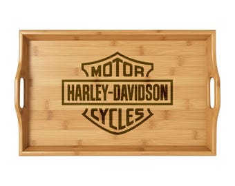 Harley Davidson bamboe dienblad, gegraveerd houten dienblad, motorfiets interieur, Harley Housewarming, BBQ-cadeau