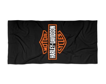 Harley Davidson Shield strandlaken zwart oranje motorfiets logo, motorbadhanddoek zwembad, cadeau rijder