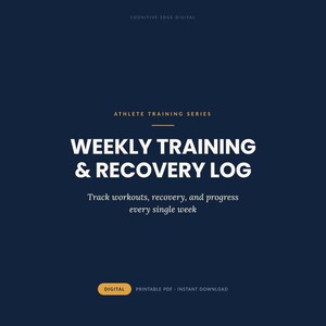 Peut inclure: Un document numérique bleu foncé intitulé Athlete Training Series Weekly Training & Recovery Log. Le texte indique Track workouts, recovery, and progress every single week. Un bouton jaune en bas affiche Digital Printable PDF Instant Download.