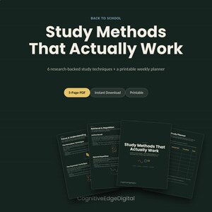 Pode incluir: Um guia de estudo digital intitulado Study Methods That Actually Work, apresentando 6 técnicas baseadas em pesquisa e um planejador semanal. O PDF verde escuro de 5 páginas inclui seções sobre Focus & Understanding, Retrieval & Repetition e um planejador.