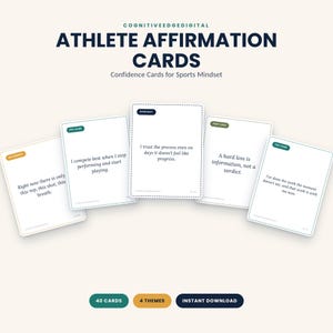 May include: A set of white athlete affirmation cards with dark blue text and colored category labels. The cards feature phrases like I compete best when I stop performing and start playing. The top text reads COGNITIVEEDGEDIGITAL ATHLETE AFFIRMATION CARDS.