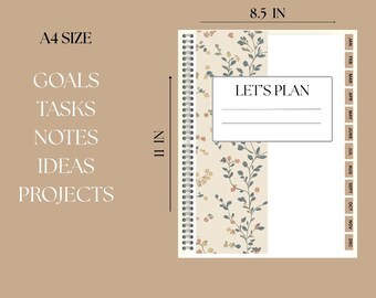 May include: A spiral-bound planner with a floral design, measuring 8.5 inches wide and 11 inches tall. The cover features the text "LET'S PLAN" and the interior pages are labeled for goals, tasks, notes, ideas, and projects. Includes monthly tabs.