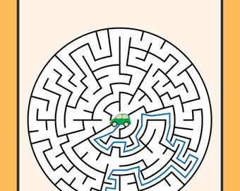 May include: A circular maze with a green car at the center and a house at the bottom. The path is marked in blue. The words "KIDS MAZE" are at the top in orange letters. The background is light beige with an orange border.