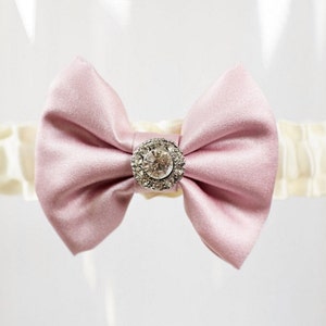 Wedding Garter Ivory Pink Rhinestone Bow Tie Evelyn image 1