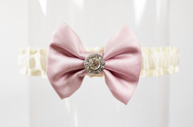 Wedding Garter Ivory Pink Rhinestone Bow Tie Evelyn image 1