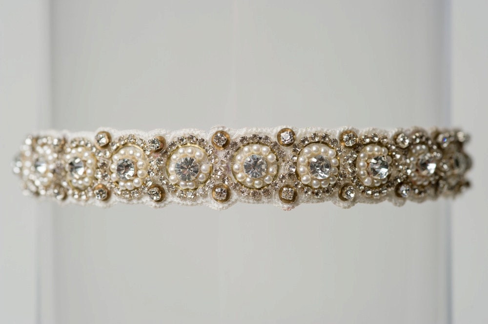 Ivory Beaded Rhinestone Pearl Vintage Wedding Garter "Lori"