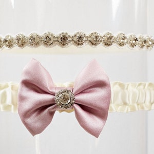 Wedding Garter Ivory Pink Rhinestone Bow Tie Evelyn image 3