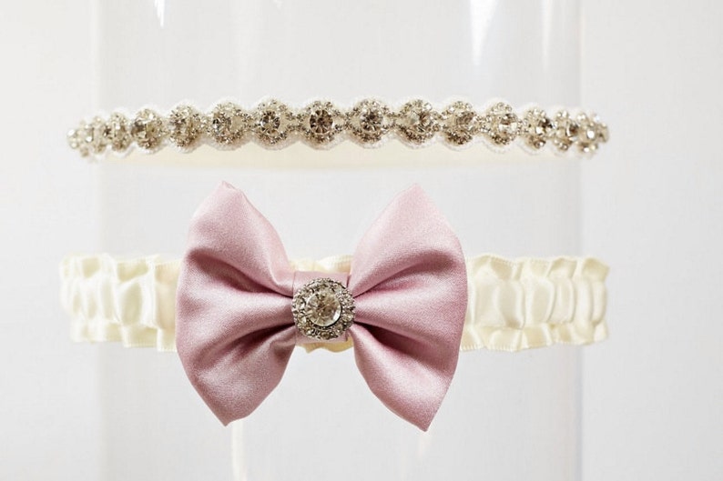 Wedding Garter Ivory Pink Rhinestone Bow Tie Evelyn image 3