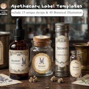 May include: Apothecary label templates with 15 unique designs and 40 botanical illustrations. The image shows various glass bottles and jars with labels that read "Mugwort". A mortar and pestle are also visible.