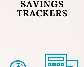 Puede incluir: Imagen con el texto "SAVINGS TRACKERS" en la parte superior. Debajo, ilustraciones turquesas de una moneda con un signo de dólar en manos y una calculadora con un signo de dólar en un documento.