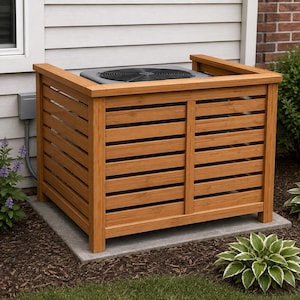 May include: A rectangular wooden air conditioner cover featuring horizontal slats on the front and side panels. The structure is constructed from light brown wood and is designed to enclose an outdoor HVAC unit, providing a slatted frame.