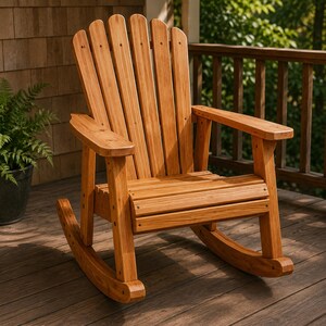 Puede incluir: Una mecedora de madera natural con un respaldo alto en forma de abanico con listones verticales, apoyabrazos anchos y planos, y un asiento inclinado. La silla está construida con balancines curvos en la base, mostrando un acabado de veta de madera clara.