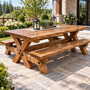 May include: A large rectangular wooden picnic table with an X-frame base and two matching attached benches. The table features a medium-brown stained finish with visible wood grain, dark metal hardware, and a central runner holding two black lanterns.