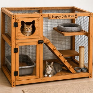 May include: A wooden cat enclosure with wire mesh panels, featuring a cat-shaped entrance, a ramp, a scratching post, a grey bed, and a litter box. A sign at the top reads Happy Cats Home. Two cats are inside the structure, one in the upper box.