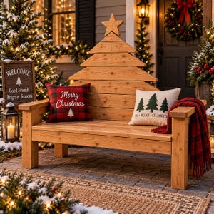 May include: A wooden bench with a backrest shaped like a Christmas tree topped with a star. It features a red and black plaid pillow with the text Merry Christmas, a cream pillow with three green trees and the text SIT RELAX CELEBRATE, and a red plaid throw.
