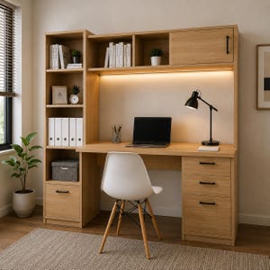 Op de afbeelding: Een bureau van licht eikenhout met een geïntegreerde kast met open planken, een gesloten kastje en drie lades met zwarte handgrepen. Een witte stoel met houten poten staat voor het bureau, waarop een laptop en een zwarte bureaulamp staan.