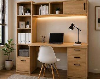 Planos para mesa de estudio con estanterías modernas / Plano de escritorio de madera que ahorra espacio (PDF digital)