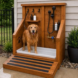 May include: A wooden dog washing station featuring a white rectangular basin, a handheld black shower sprayer, a tap with blue handles, three black hooks, and a small shelf holding two bottles. A golden retriever stands inside the basin.