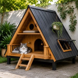 Pode incluir: Uma casa de gato de madeira em forma de A com telhado de metal preto, apresentando uma plataforma elevada, uma pequena escada, um corrimão de varanda e uma entrada em arco. Um gato cinza e branco descansa na plataforma e uma planta pende.