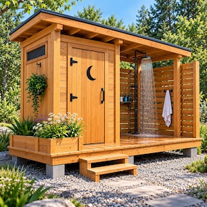 May include: A wooden outdoor structure featuring a shed with a crescent moon cutout on the door, a built-in planter box with green plants, and an open-air shower area with a black shower head, a white towel, and a small shelf with bottles.