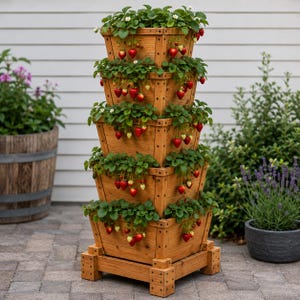 May include: A five-tier wooden strawberry planter with a square, stacked design. Each level is filled with green strawberry plants bearing numerous small, bright red strawberries. The planter is constructed from light brown wood planks.