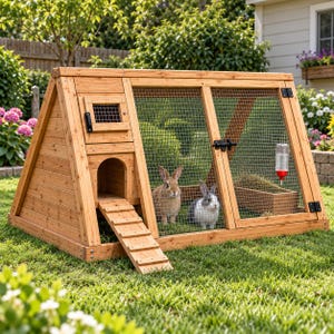 Pode incluir: Uma gaiola triangular de madeira para coelhos com frente de rede metálica, uma pequena área de ninho fechada, uma rampa de madeira e uma garrafa de água de plástico transparente. Dois coelhos, um castanho e um cinzento e branco, estão dentro.