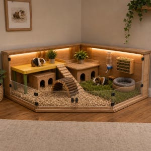 Op de afbeelding: Een houten hoekverblijf voor kleine dieren met een geel platform, een helling, een boomstam-tunnel, een hooiruif, een drinkfles en een rond bed. Twee cavia's bevinden zich in het verblijf met acrylpanelen en geïntegreerde verlichting.
