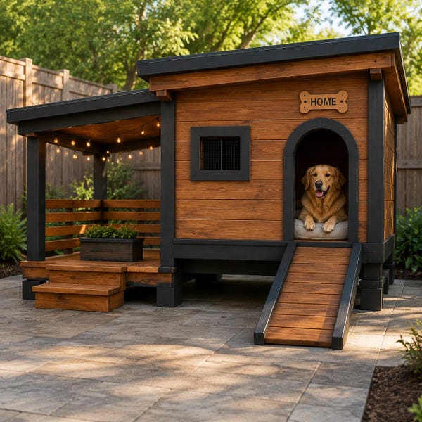 Large Insulated Dog House Plans with Porch & Ramp, Modern Elevated Outdoor Kennel PDF
