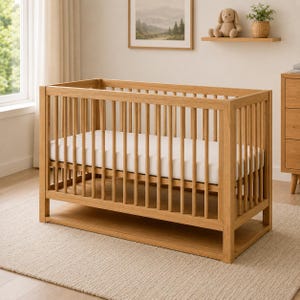 Puede incluir: Una cuna de madera de roble claro con barrotes verticales en los cuatro lados, un marco rectangular y una base sólida. La cuna está equipada con un colchón blanco liso, mostrando un acabado de madera natural y una construcción resistente.