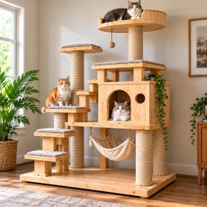 Puede incluir: Un árbol para gatos de madera de varios niveles con postes rascadores envueltos en sisal, plataformas alfombradas, una caseta central cerrada con entrada arqueada y una hamaca de tela colgante. Tres gatos se encuentran en la estructura.