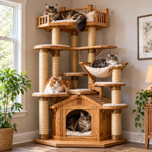 Puede incluir: Un árbol para gatos de madera de varios niveles que cuenta con una casa base con techo a dos aguas, múltiples plataformas alfombradas, postes rascadores envueltos en sisal y una hamaca de tela colgante. Cuatro gatos están en la estructura.