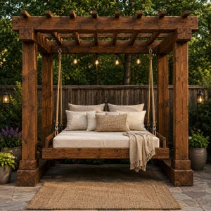 May include: A dark brown wooden pergola structure featuring a suspended rectangular swing bed. The bed is topped with a beige mattress, multiple neutral-toned throw pillows, and a draped throw blanket. Four hanging light bulbs illuminate the frame.