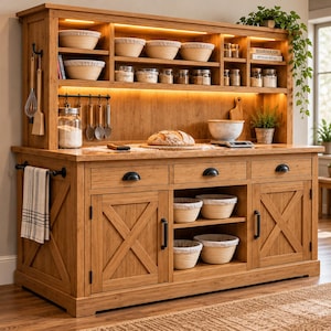 May include: A light brown wooden kitchen hutch with integrated LED lighting, featuring open shelving for bowls and jars, a countertop with a loaf of bread, three drawers, two cabinets with X-pattern doors, and a side towel rack.