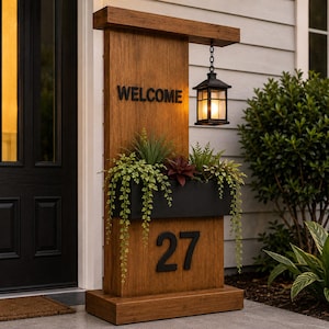 May include: A vertical wooden sign with a brown finish featuring the word WELCOME in black lettering, a black rectangular planter filled with green foliage, the house number 27 in black, and a black hanging lantern with a warm glowing light.
