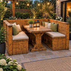 May include: A wooden outdoor dining set featuring a corner bench with light beige cushions and green throw pillows. The set includes a rectangular wooden table with two black metal lanterns placed on top, all arranged on a stone patio surface.