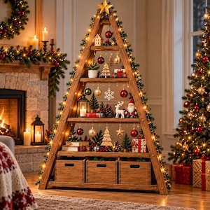 May include: A triangular wooden shelving unit shaped like a Christmas tree, decorated with string lights, hanging ornaments, miniature figurines, and small potted trees. The base features three wooden storage bins, and the shelves hold various holiday decor.