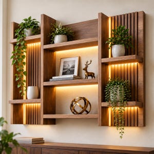 May include: A wall-mounted wooden shelving unit with vertical slat detailing and integrated LED lighting. The shelves hold various potted green plants, a framed photograph, a small bronze-colored deer figurine, and a spherical metal sculpture.