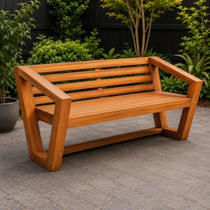 Outdoor Bench Plans | Modern Garden Bench with Backrest and Armrests PDF