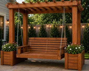 Outdoor Swing Lounge With Planter Boxes Plans | DIY Pergola Hanging Bench Woodworking (PDF Download)