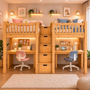 May include: A wooden loft bed unit featuring two elevated beds with safety rails, a central staircase with five built-in storage drawers, and two individual desks underneath. Each desk area includes a swivel chair, a lamp, and wall-mounted shelving.