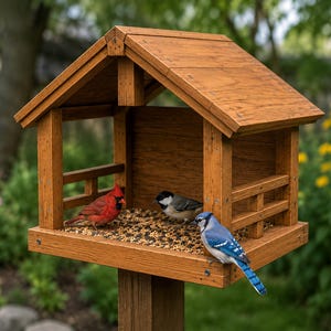 May include: A wooden bird feeder with a peaked roof and open sides, featuring a flat platform filled with mixed birdseed. Three birds are perched on the platform: a bright red cardinal, a small black and white chickadee, and a blue jay.