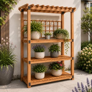 Könnte beinhalten: Ein hoher, rechteckiger Pflanzenständer aus Holz mit drei Regalböden aus Latten und einem Dach im Pergola-Stil mit einer Gitterrückwand. Die Struktur wird durch dunkle Metallbeschläge zusammengehalten und trägt verschiedene Topfpflanzen.