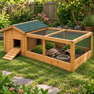 Puede incluir: Un recinto de madera para tortugas que incluye una casa con techo de tejas verdes, una rampa y un área exterior con paredes de malla metálica. Dentro del recinto, una tortuga descansa sobre la tierra cerca de un bebedero y un refugio.
